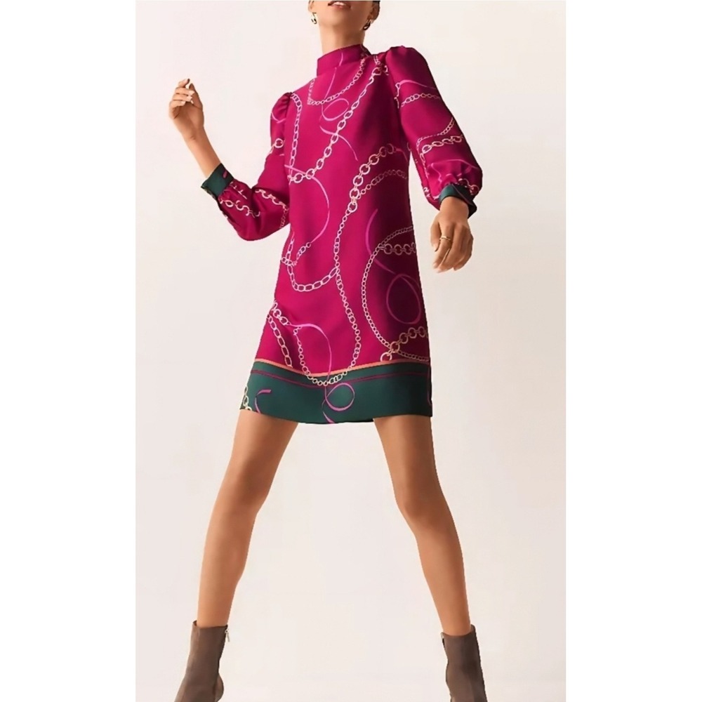 Ann Taylor Womens XS Petite Red Green Chain Print Mock Neck A-Line Dress NWT